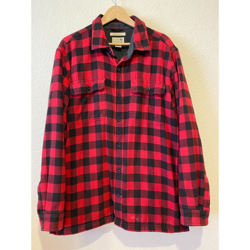 Vintage LL Bean Red Buffalo Plaid Flannel Shacket Sz L Fleece Lined Outdoor Flaw